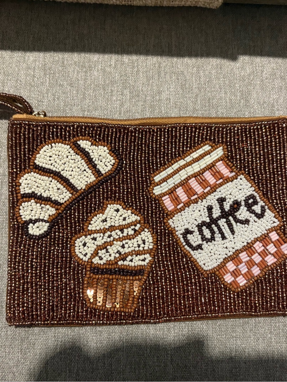 Brown Beaded Coffee & Pastry Wristlet